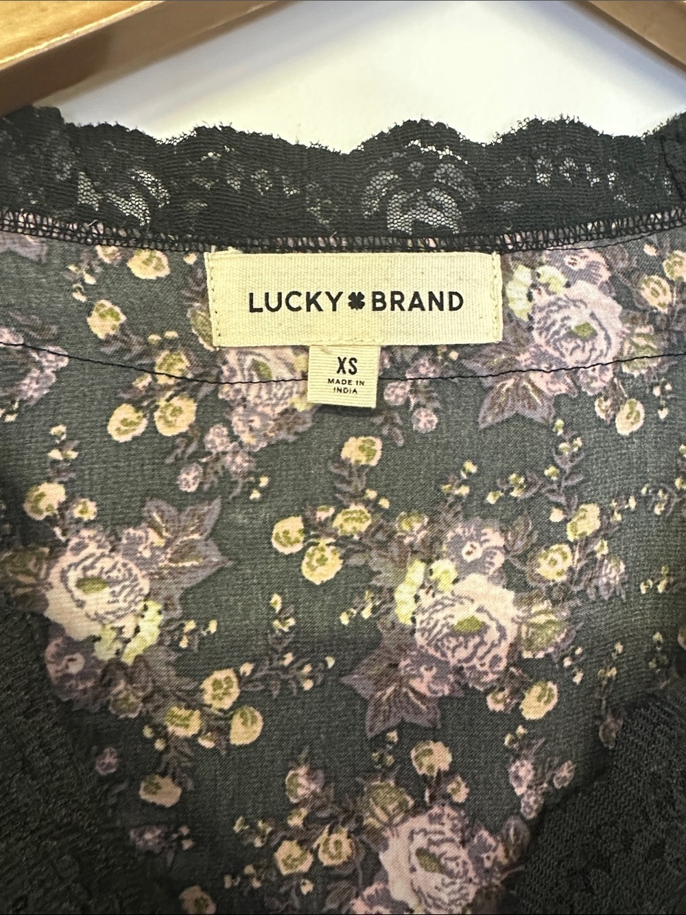 Lucky Brand Black Floral Lace-Trim Button Front Blouse - Picture 2 of 8